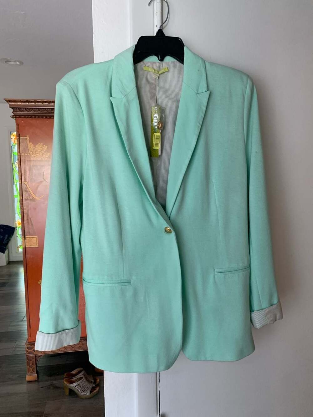 Gianni Bini Mint Green Notch Lapel Single Gold Button Blazer NWT $119